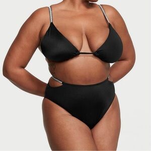 Victoria Secret Black Shimmer Metallic Shine Strap Bikini Set XL